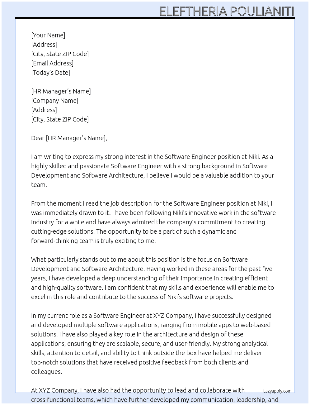 Software Engineer - Software Development & Software Architecture At Niki Cover Letter