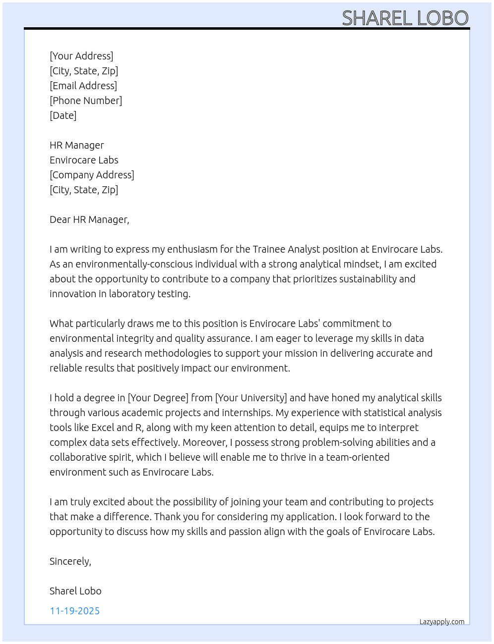 Trainee Analyst At Envirocare labs Cover Letter