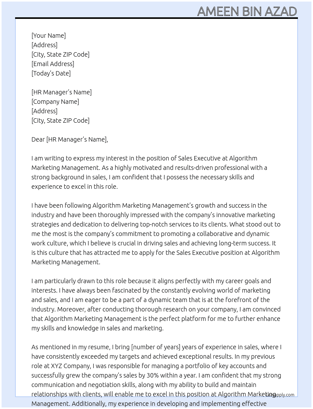 Sales Executive At Algorithm Marketing Management Cover Letter