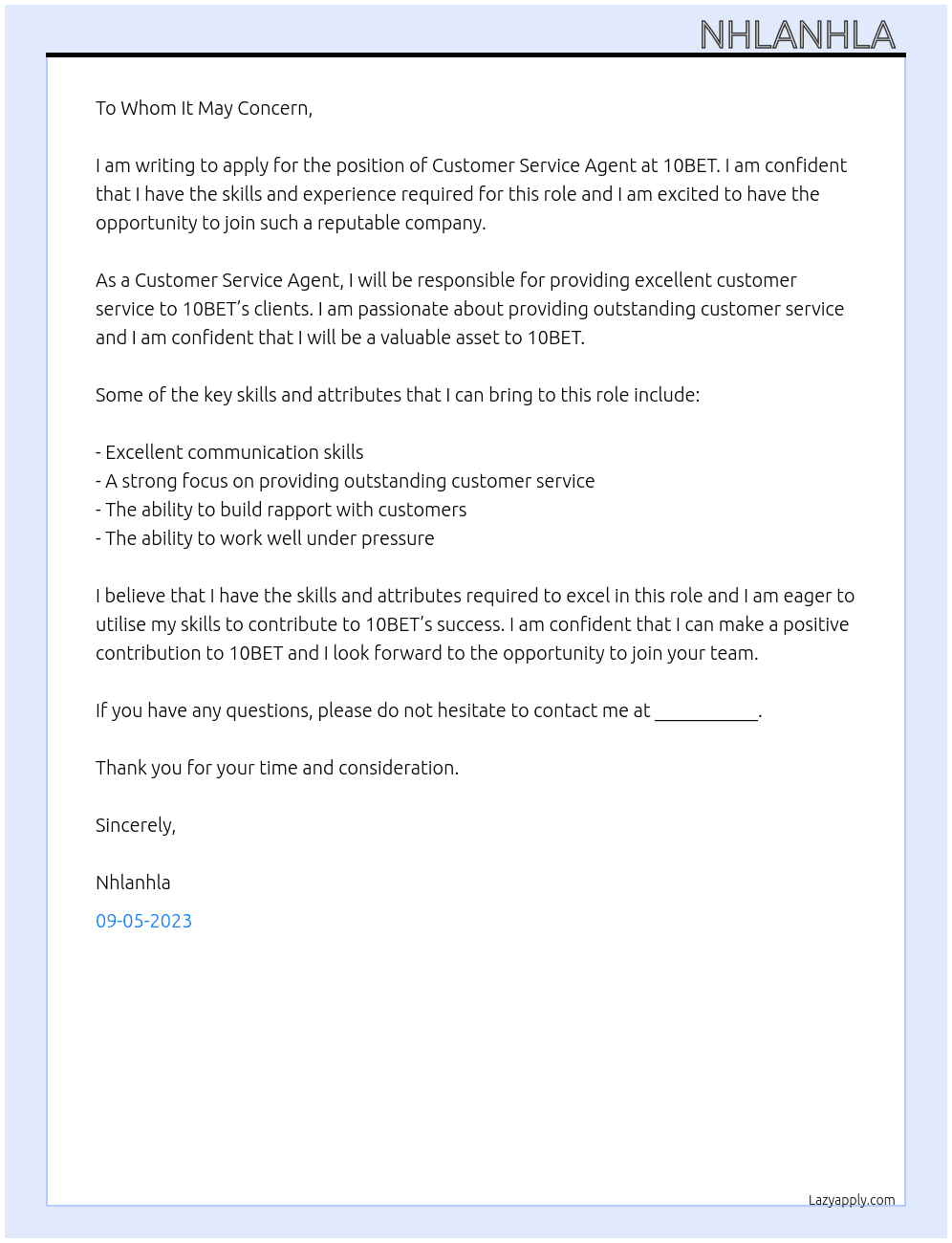 Customer service agent  At 10BET Cover Letter
