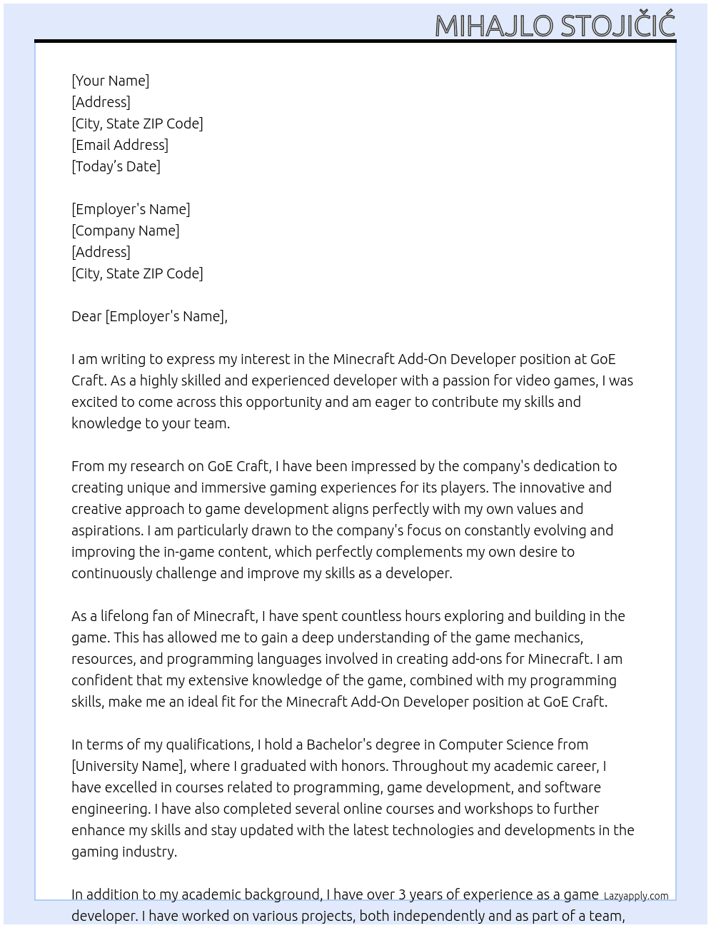 Minecraft Add-On Developer At GoE Craft Cover Letter