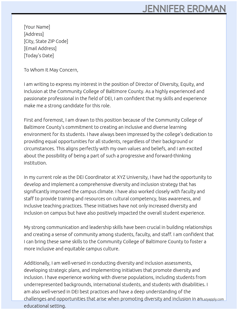 Director DEI At Community College of Baltimore County Cover Letter