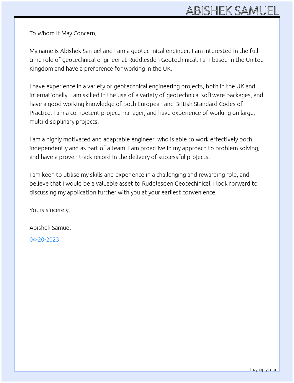 geotechinical engineer At Ruddlesden Geotechinical Cover Letter