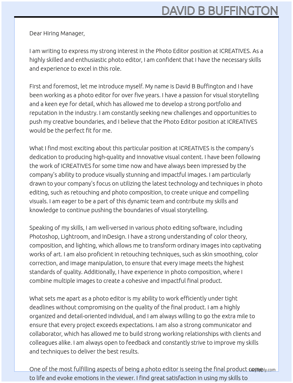 Photo Editor At ICREATIVES Cover Letter