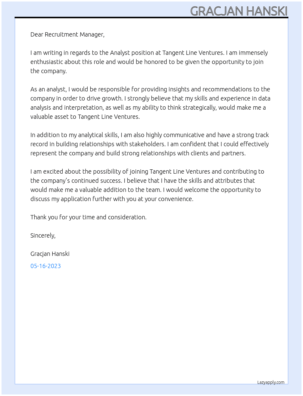 Analyst At Tangent Line Ventures Cover Letter