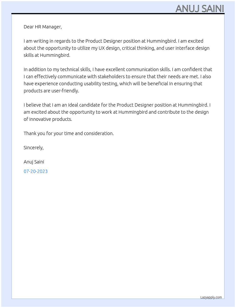 Product Designer At Hummingbird Cover Letter