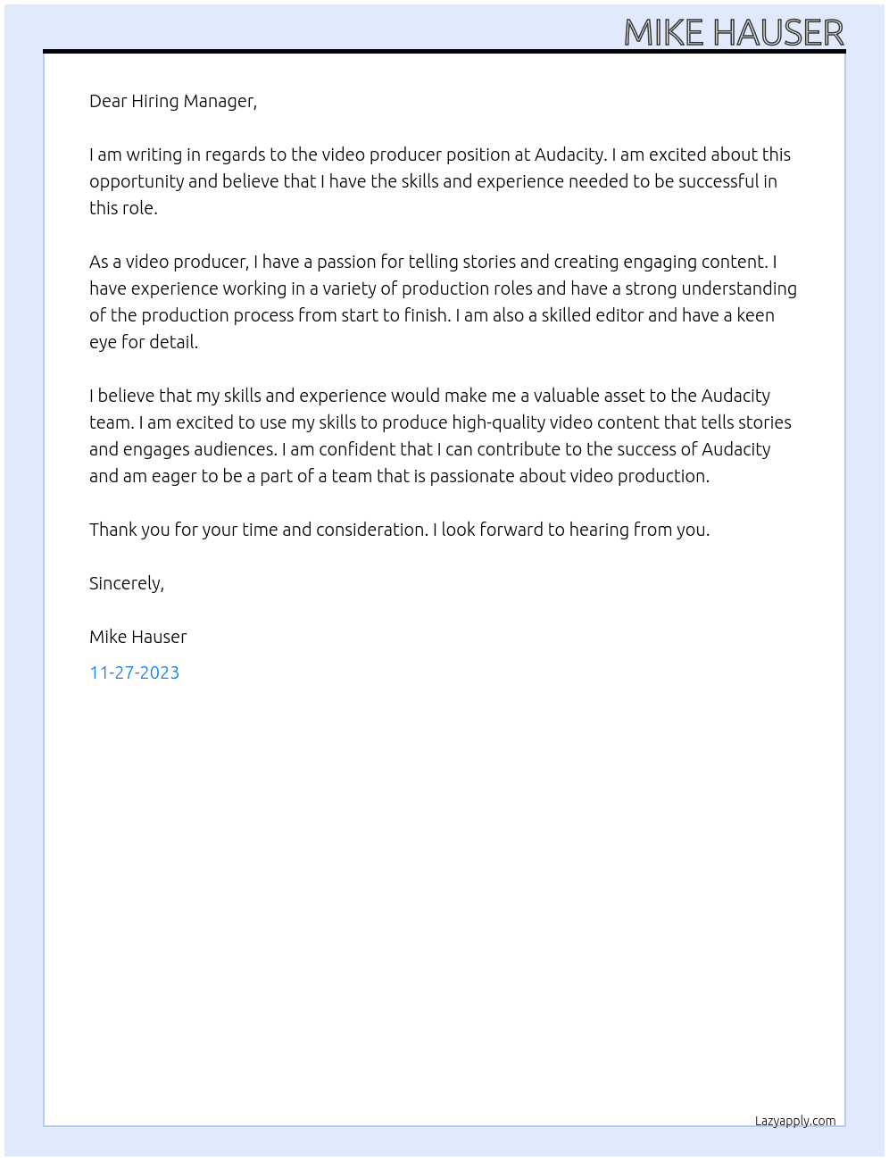 Video Producer At Audacity Cover Letter