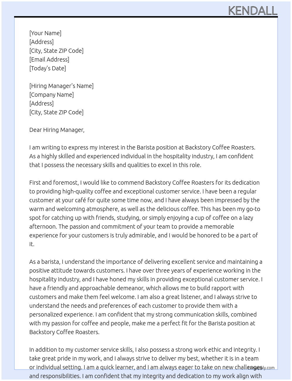 Barista At Backstory Coffee Roasters Cover Letter