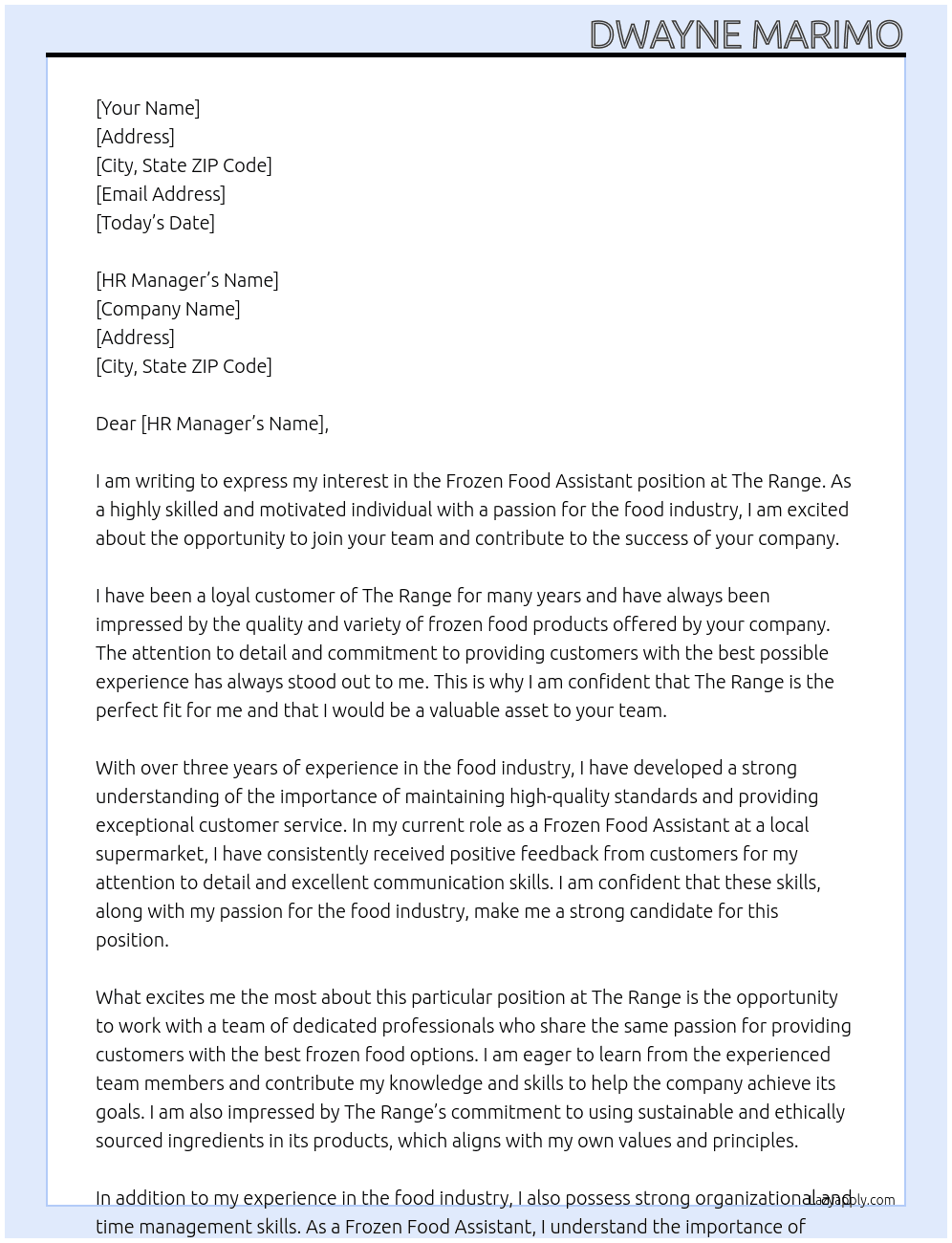 Frozen Food Assistant At The Range Cover Letter
