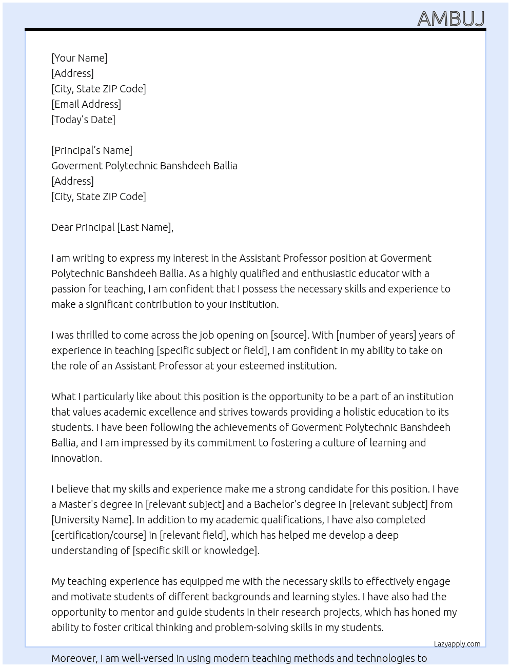 Assistant professor At Goverment polytechnic Banshdeeh Ballia Cover Letter