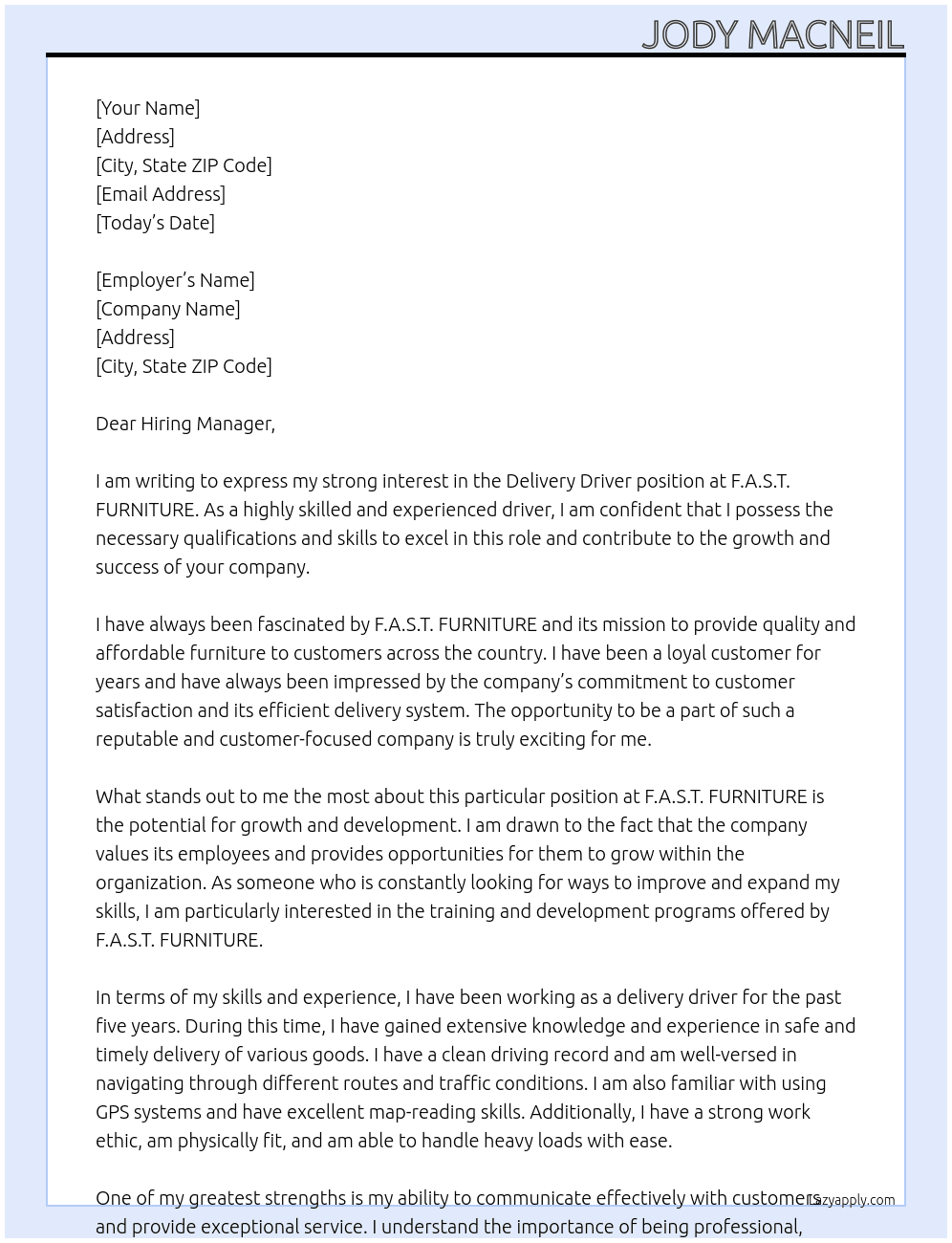 Delivery Driver At F.A.S.T. FURNITURE Cover Letter