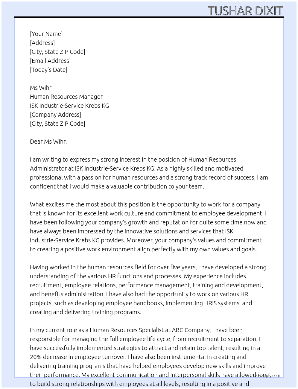 Human Resources Administrator (m/f/d) At ISK Industrie-Service Krebs KG Cover Letter