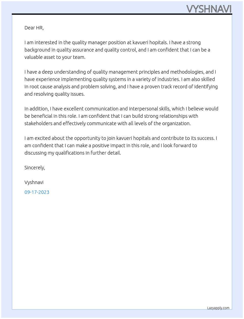 quality manager At kavueri hopitals Cover Letter
