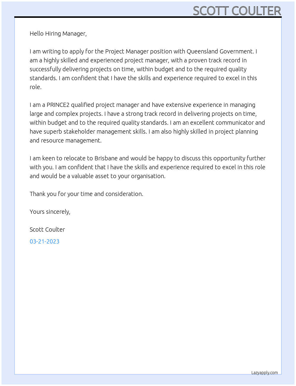 Project manager At Queensland Government  Cover Letter