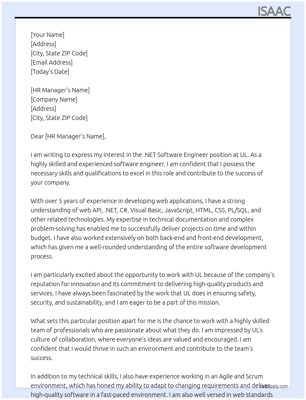 .NET Software Engineer At UL Cover Letter