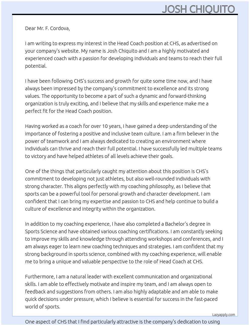 Head Coach  At CHS  Cover Letter