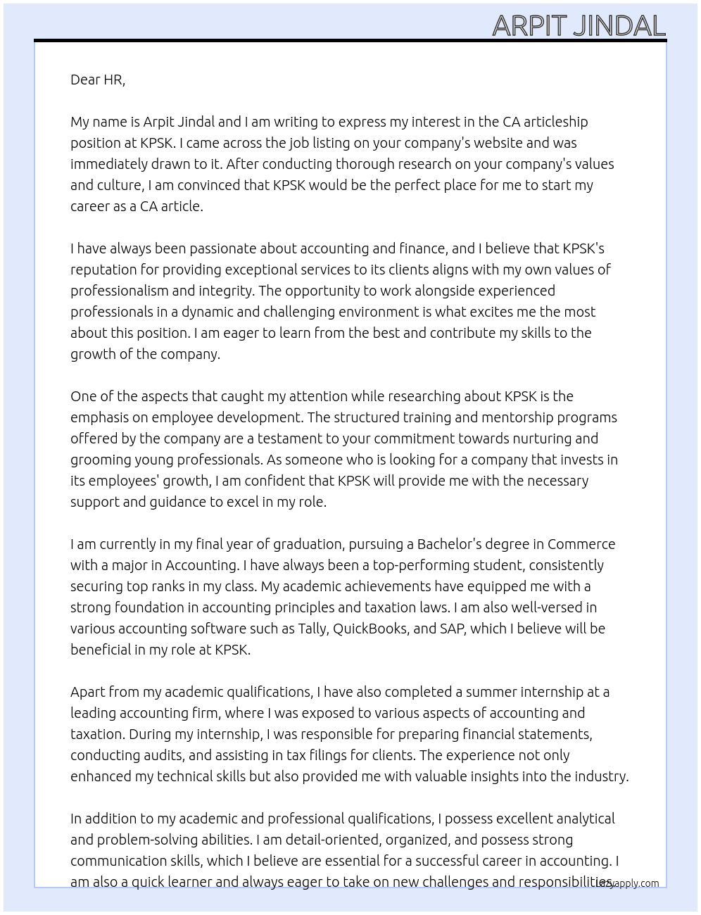 CA articleship At KPSK Cover Letter