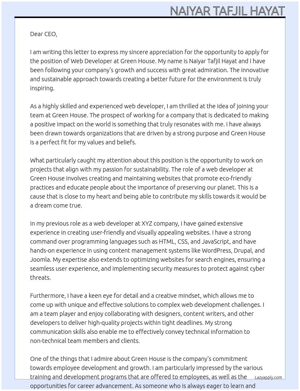 Web developer At Green house Cover Letter