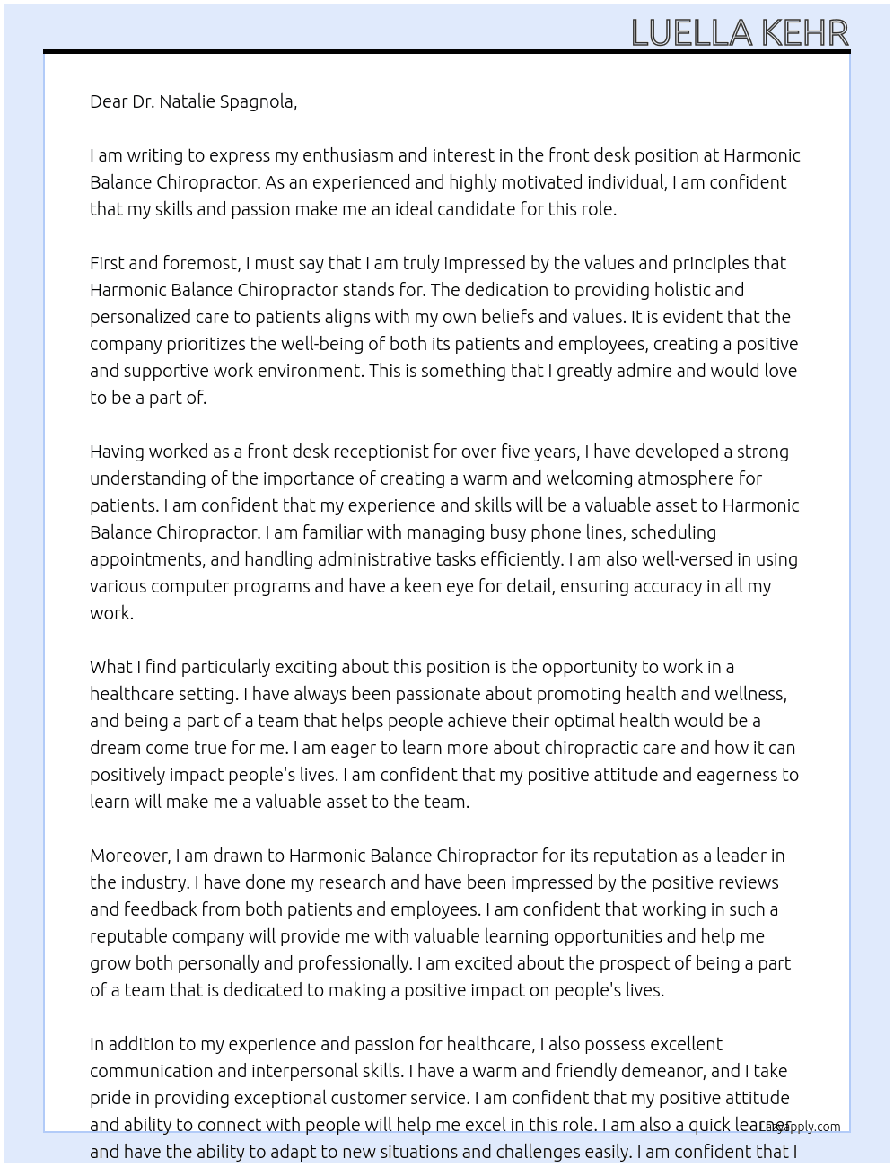 front desk  At Harmonic Balance Chiropractor   Cover Letter