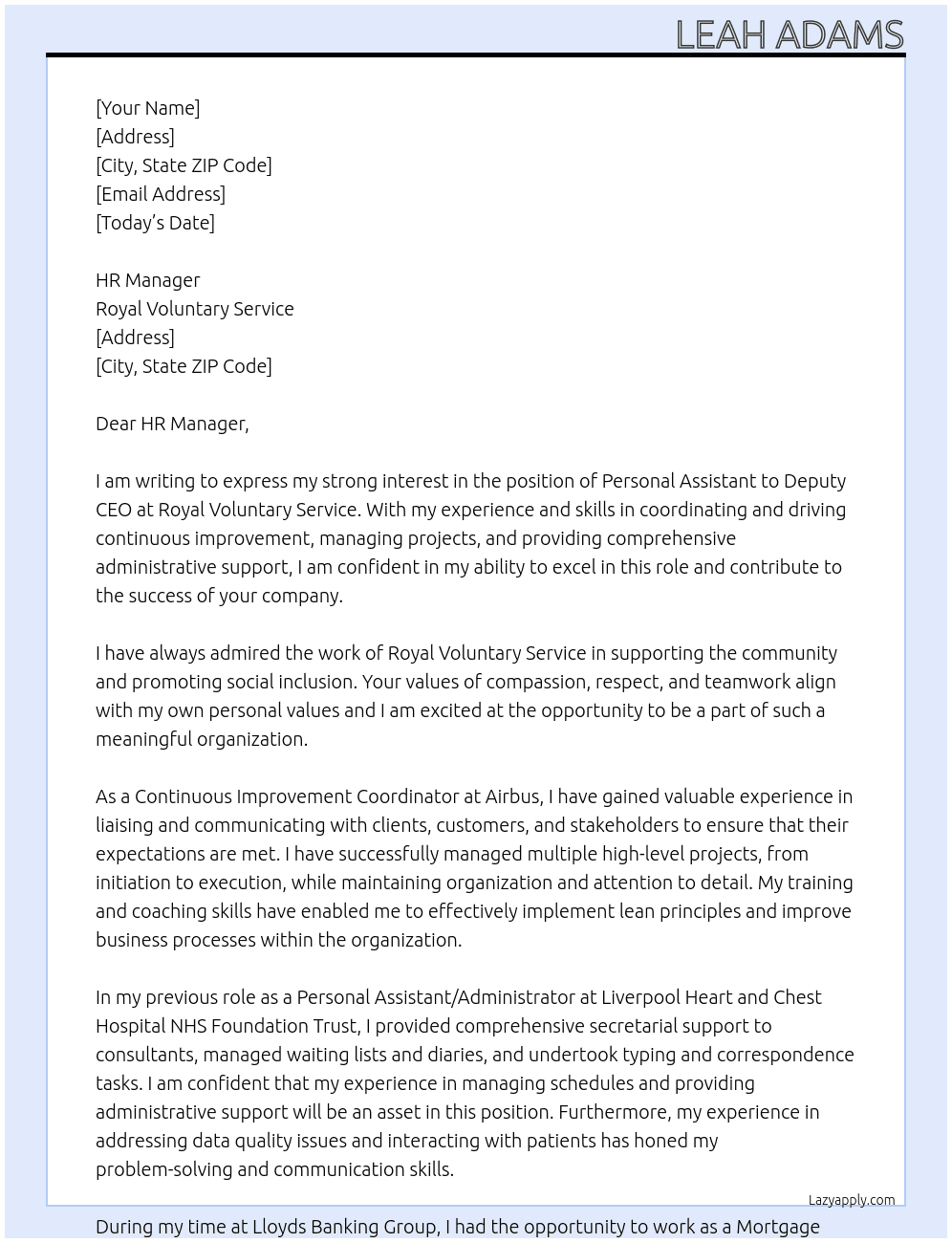 Personal Assistant to Deputy CEO At Royal Voluntary Service Cover Letter