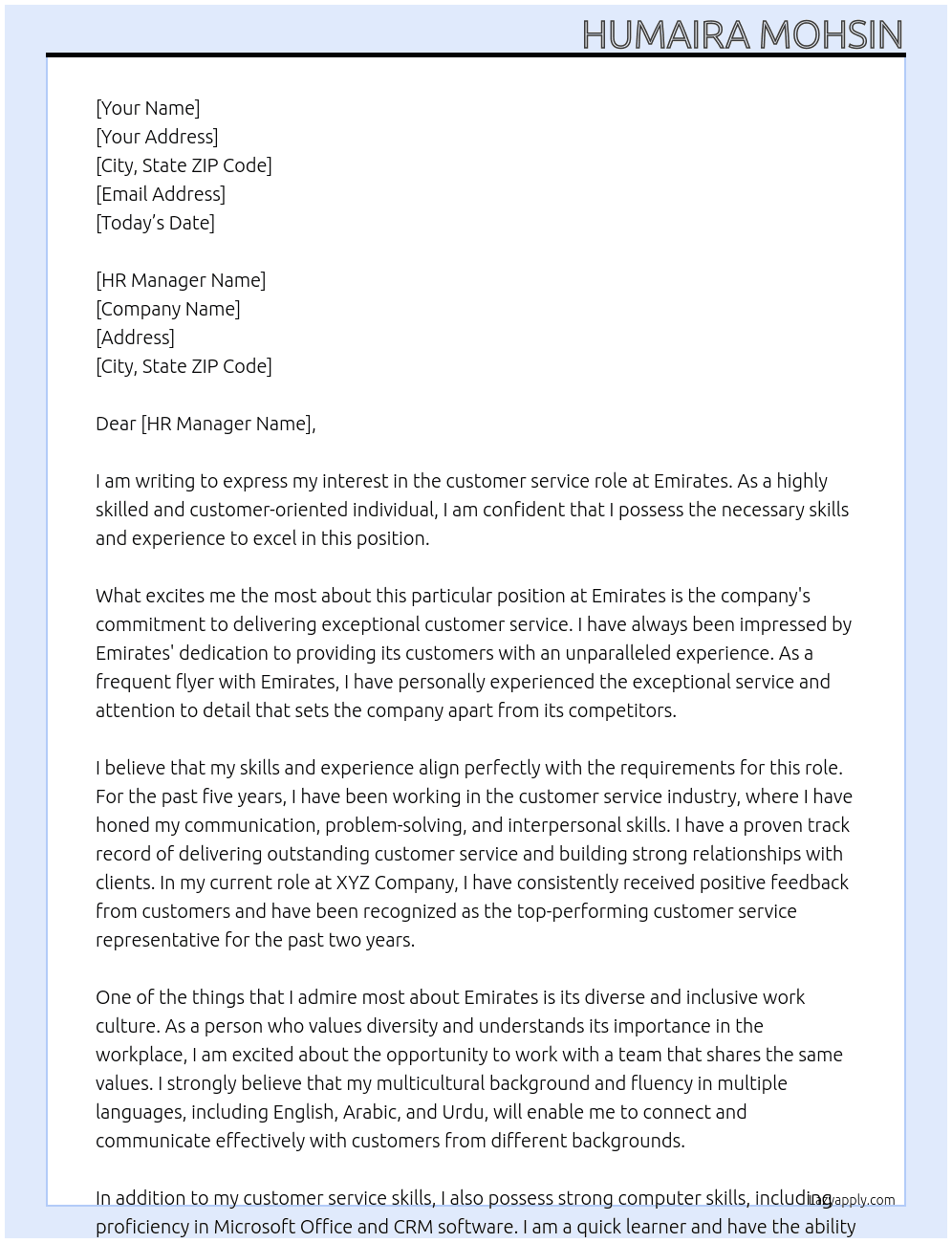customer service role At emirates  Cover Letter
