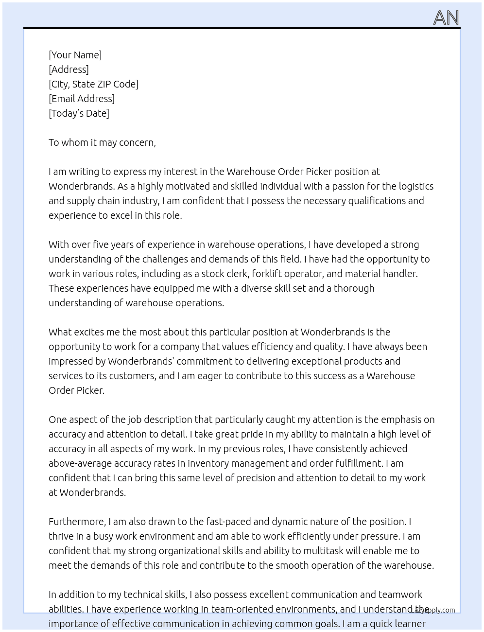 Warehouse Order Picker At Wonderbrands Cover Letter