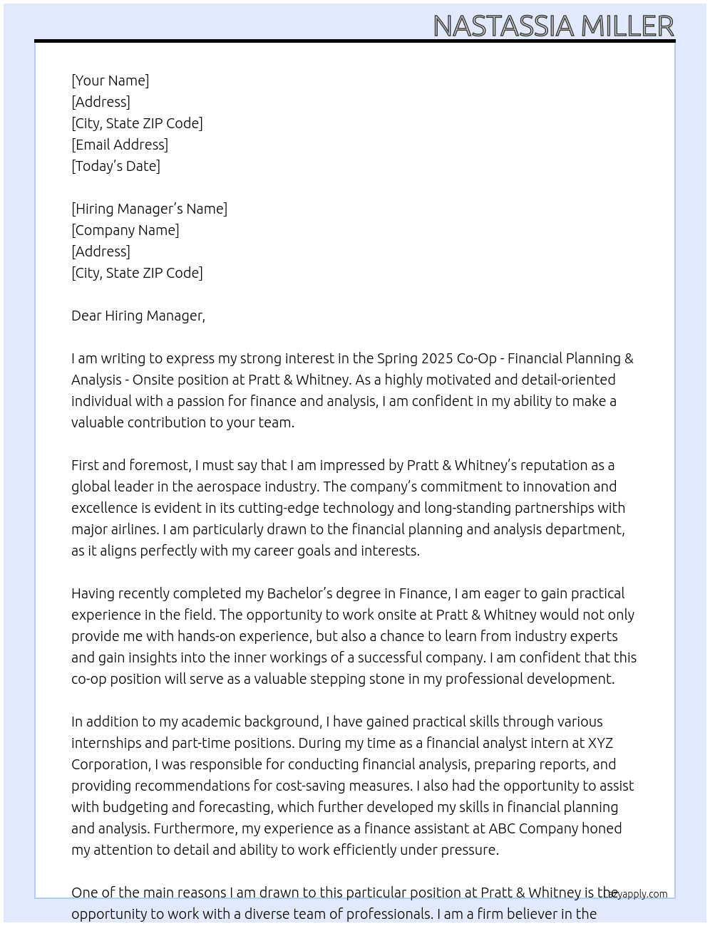 Spring 2025 Co-Op - Financial Planning & Analysis - Onsite At Pratt & Whitney Cover Letter