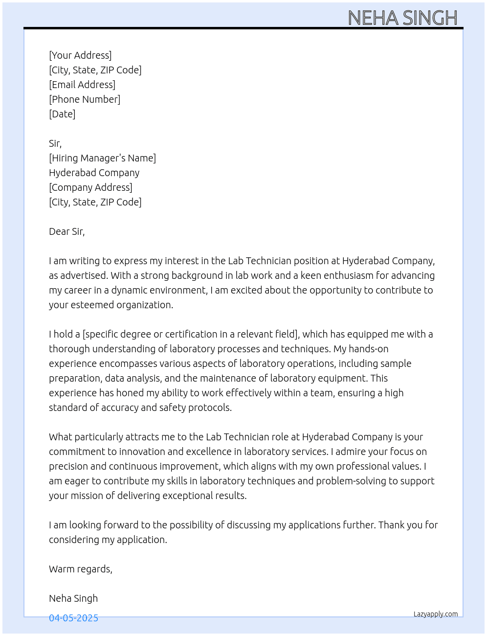 Lab technician At Hyderabad company  Cover Letter