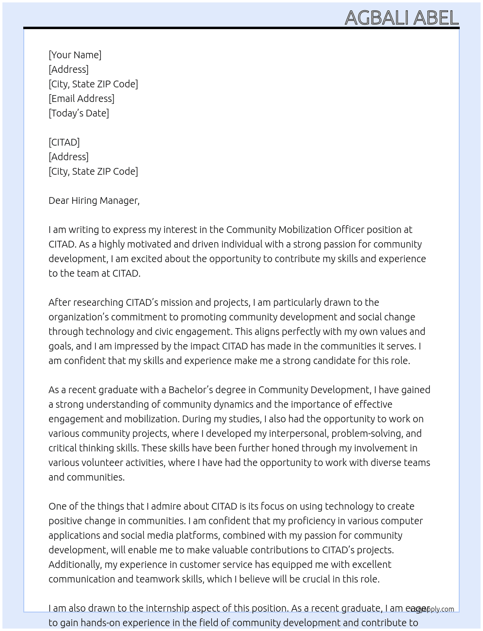 Community mobilazation officer At CITAD Cover Letter