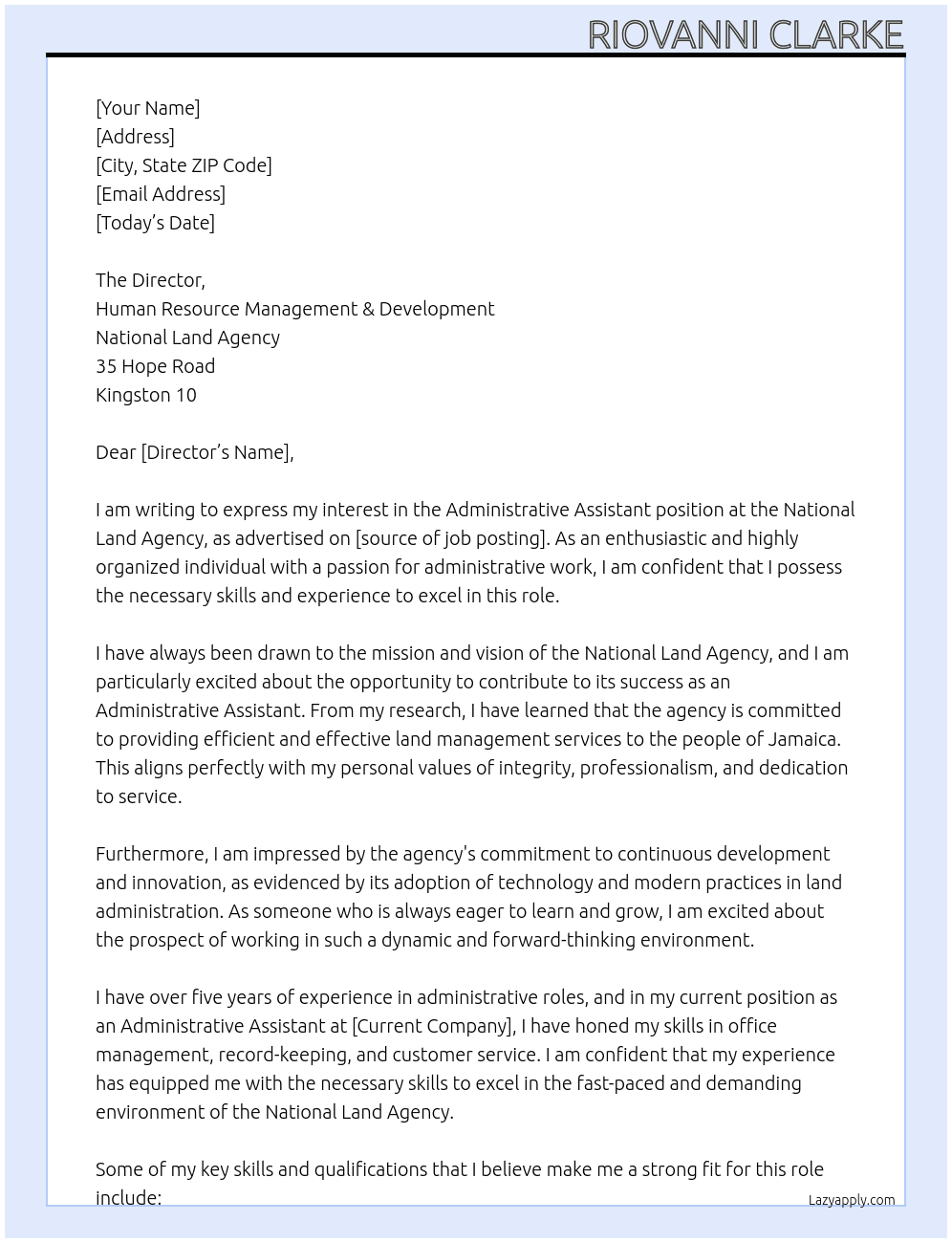 Administrative Assistant At National Land Agency Cover Letter