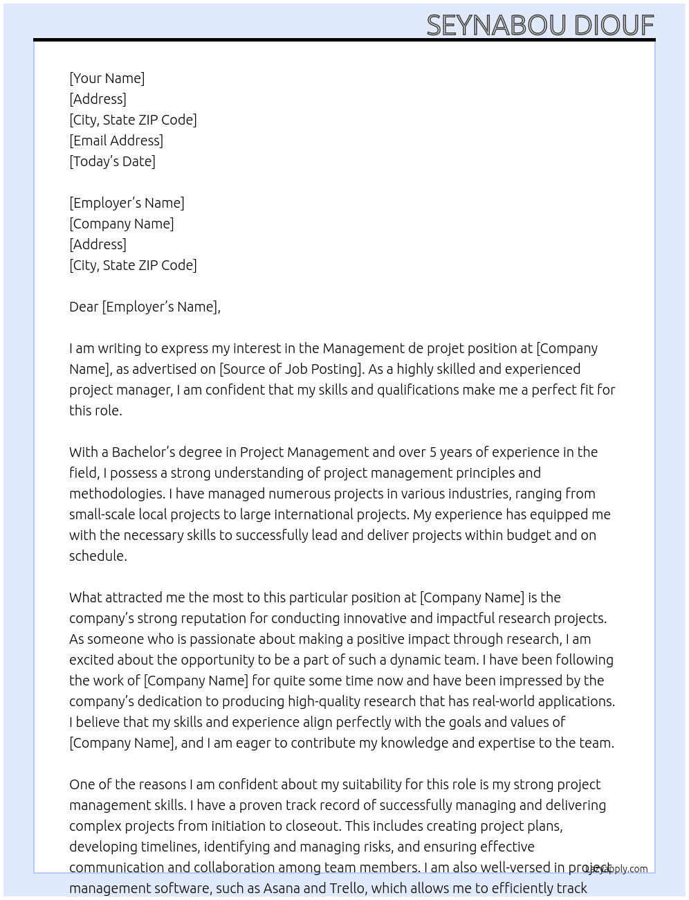 Management de projet At Research Project manager Cover Letter