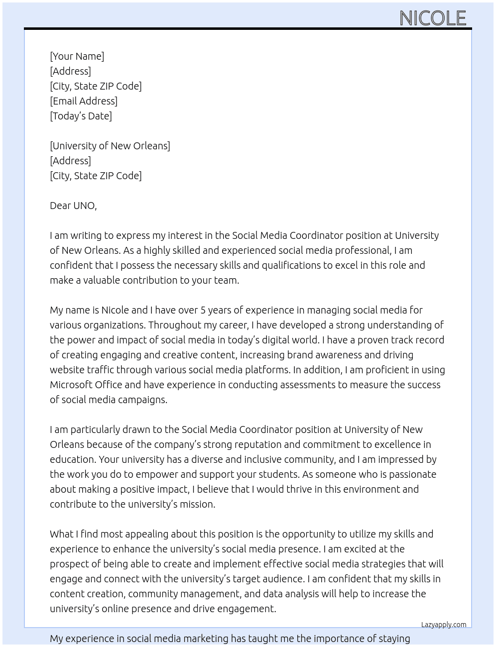 Social media coordinator  At University of New Orleans  Cover Letter