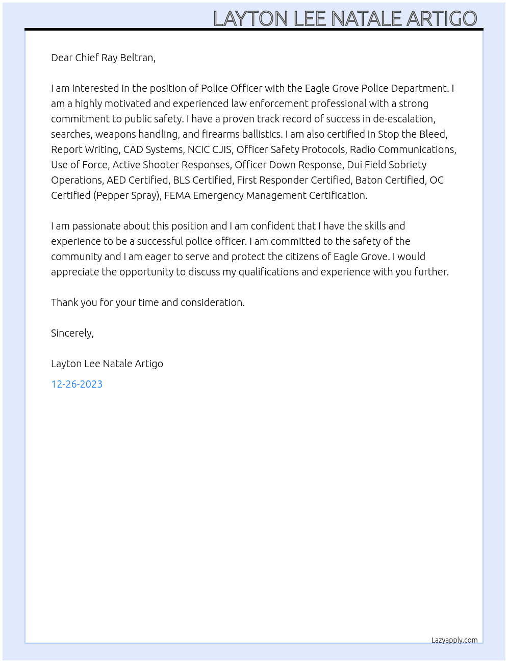 Police Officer  At Eagle Grove Police Department  Cover Letter