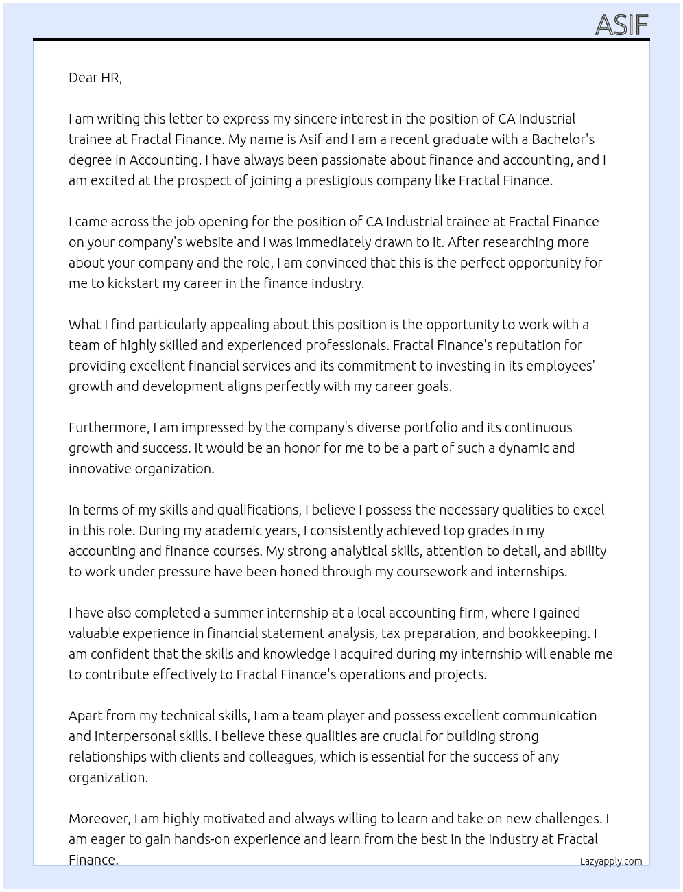 CA Industrial trainee At Fractal Finance  Cover Letter