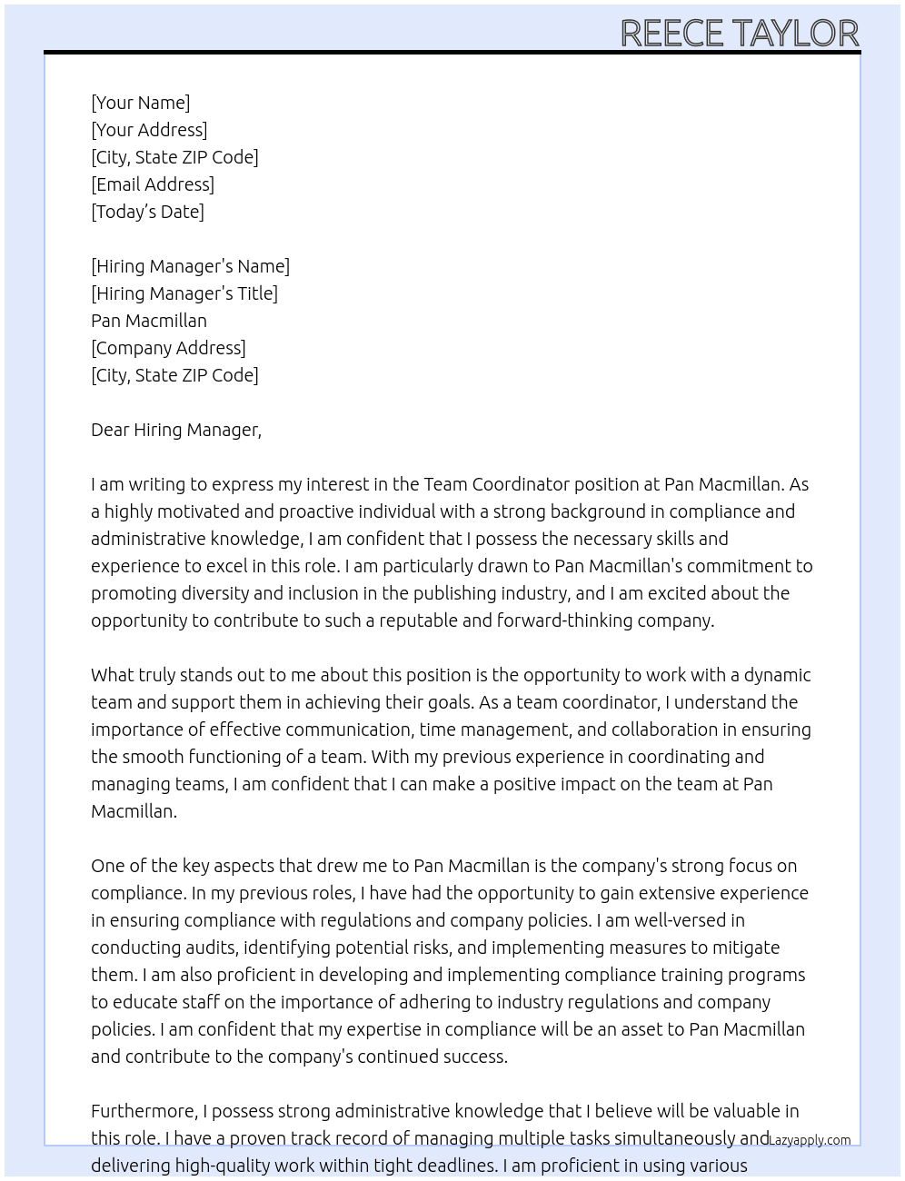 Team Coordinator At Pan Macmillan Cover Letter