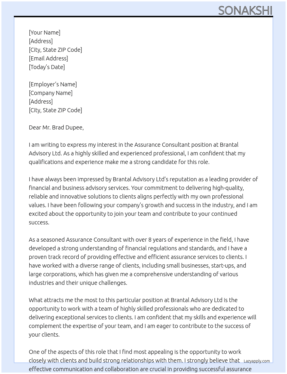 Assurance consultant At Brantal Advisory Ltd Cover Letter
