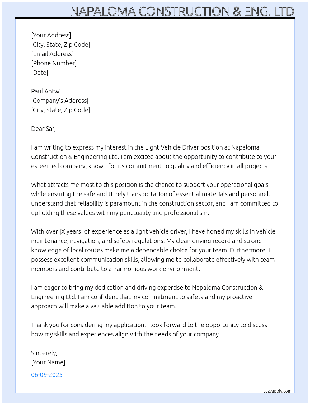 LIGHT VEHICLE DRIVER At PAUL ANTWI  Cover Letter