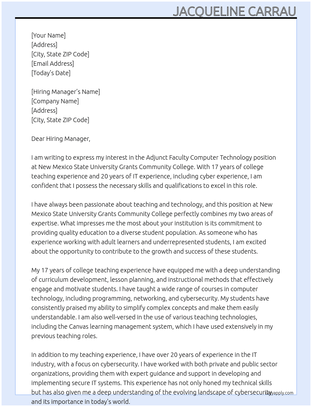 Adjunct Faculty Computer Technology At New Mexico State University Grants Community College Cover Letter