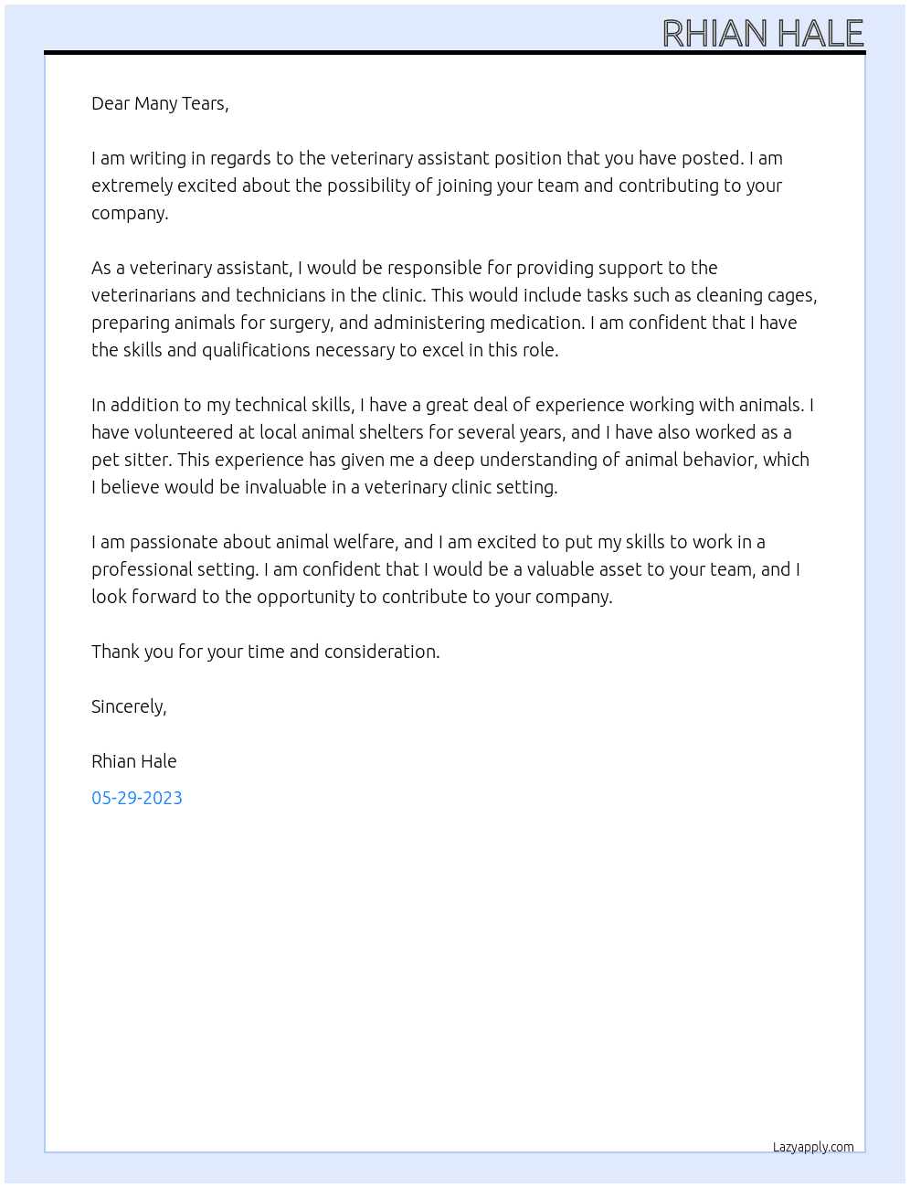 Veterinary Assistant  At Many Tears Cover Letter