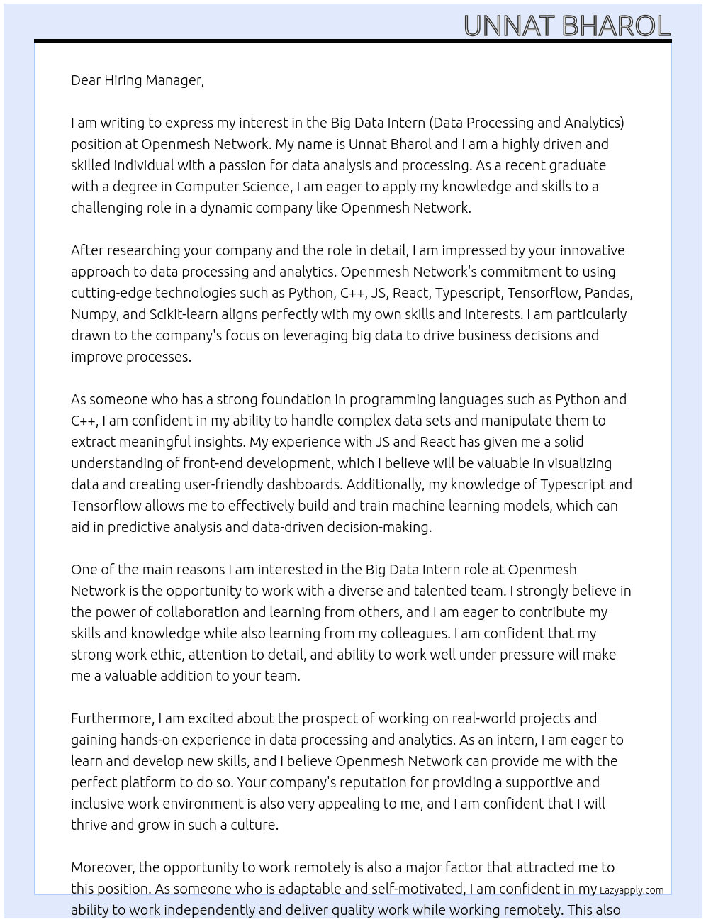 Big Data Intern (Data Processing and Analytics) At Openmesh Network Cover Letter