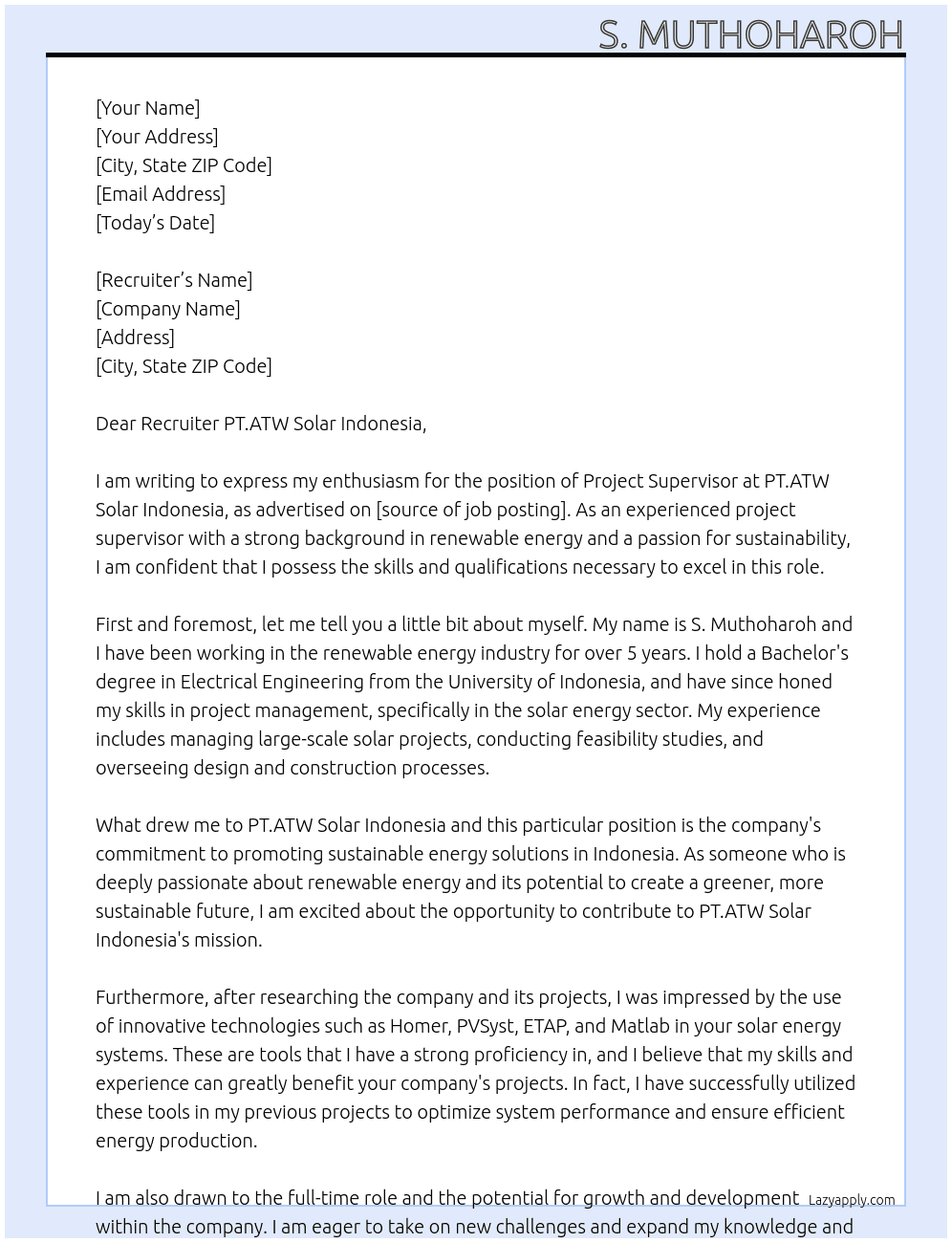 Project Supervisor At PT.ATW Solar Indonesia Cover Letter