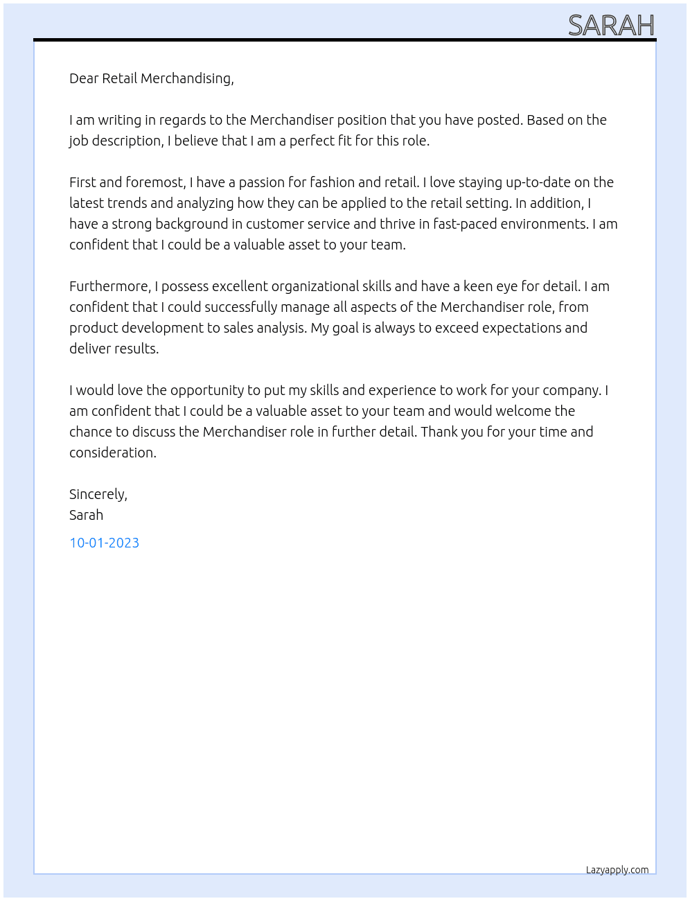 merchendiser At retail merchendising Cover Letter