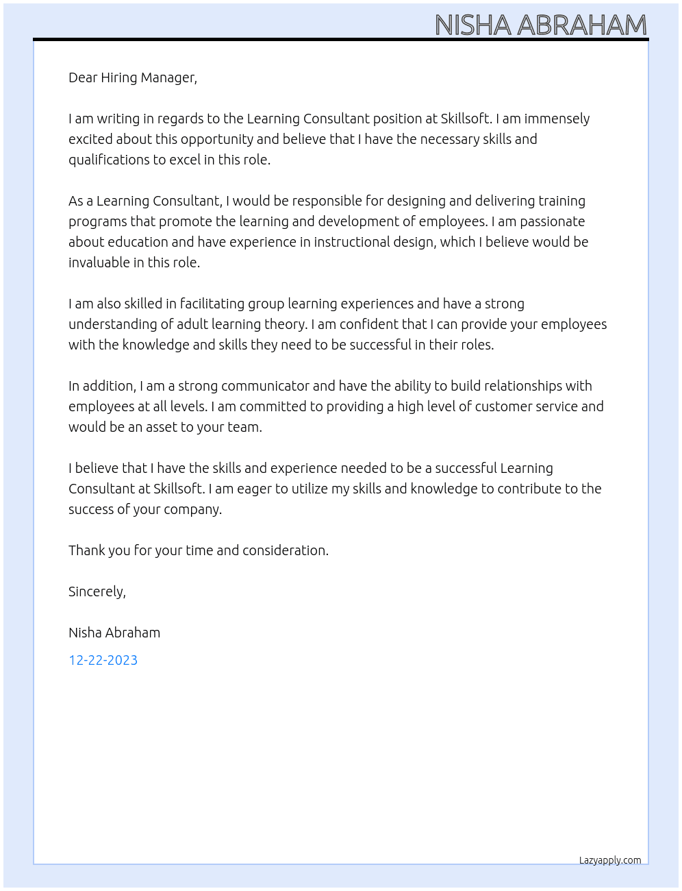 Learning Consultant At Skillsoft Cover Letter