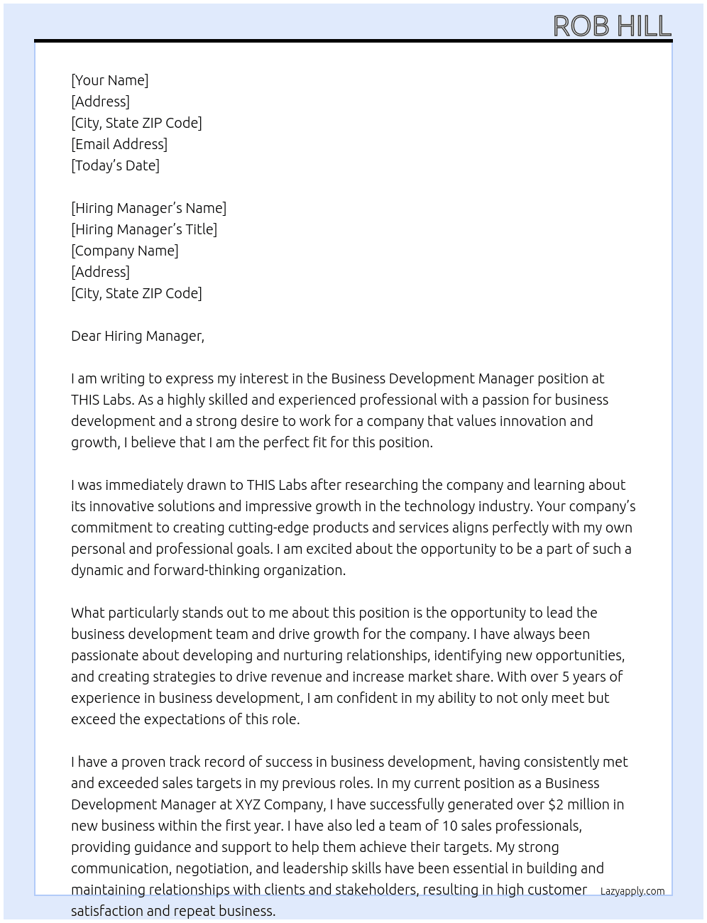Business Development Manager At THIS Labs Cover Letter