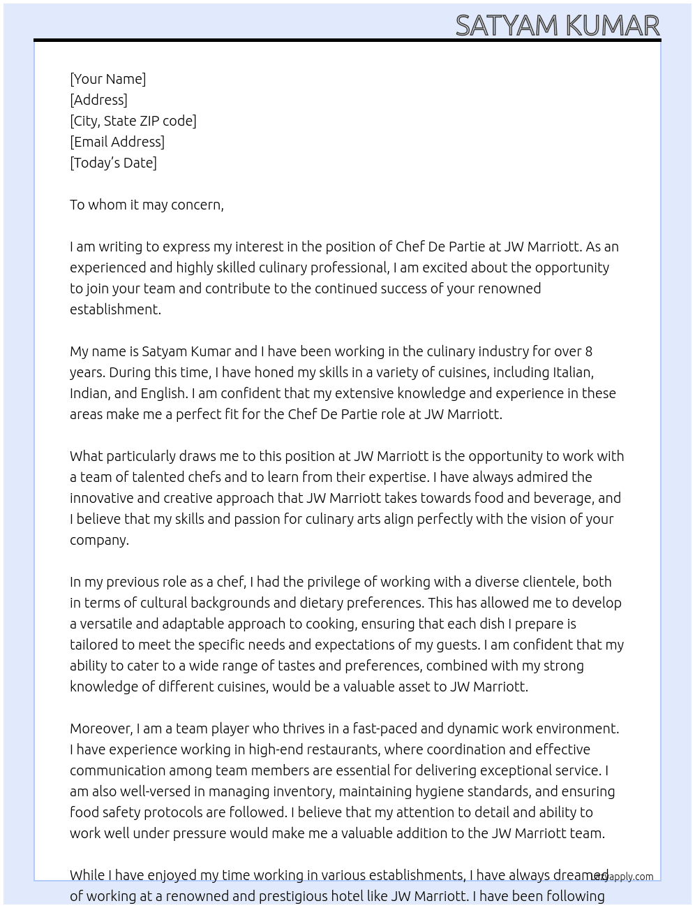 Chef De Partie At JW Marriot Cover Letter