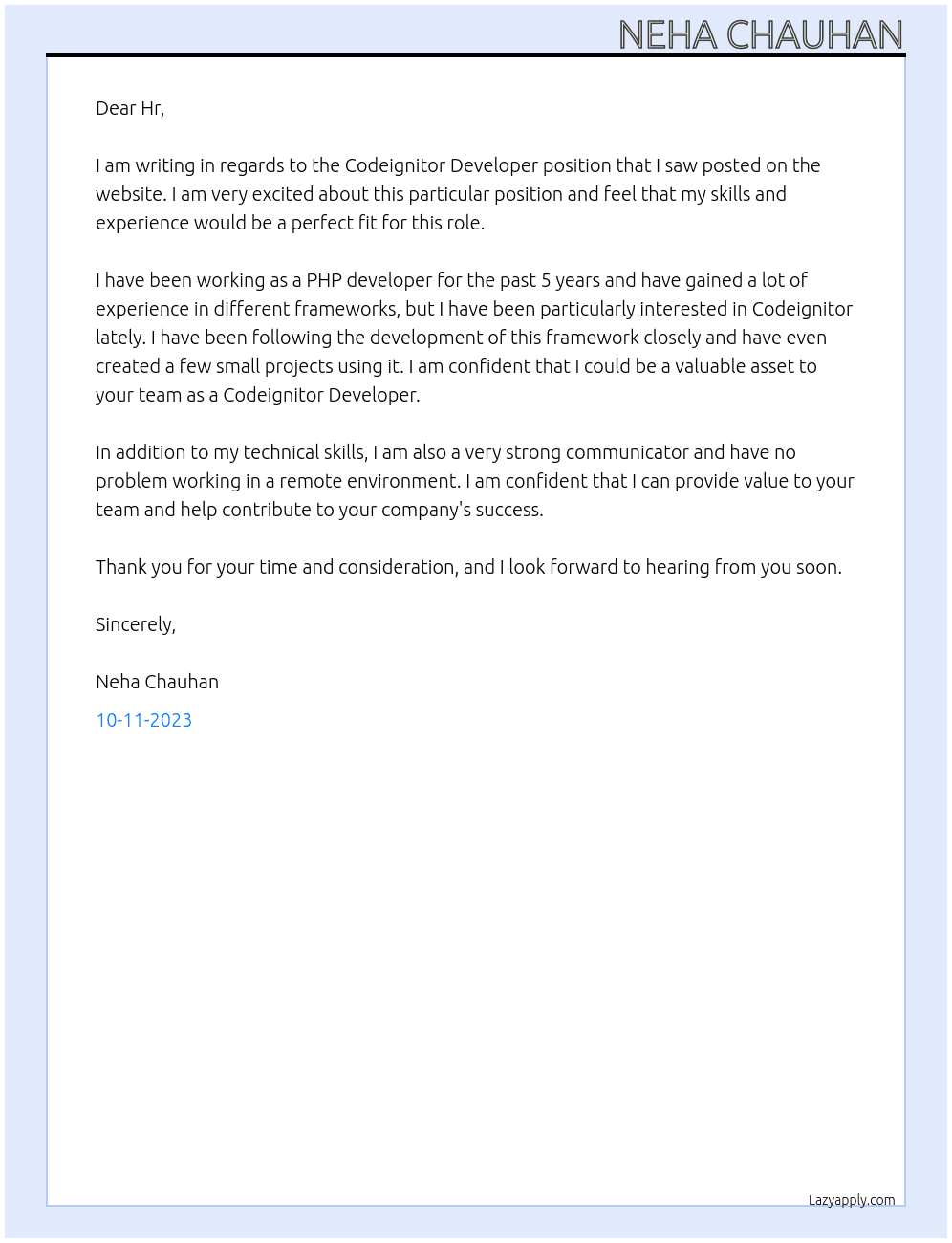 Codeignitor Developer ( US Shift )  At WebGlobal Cover Letter