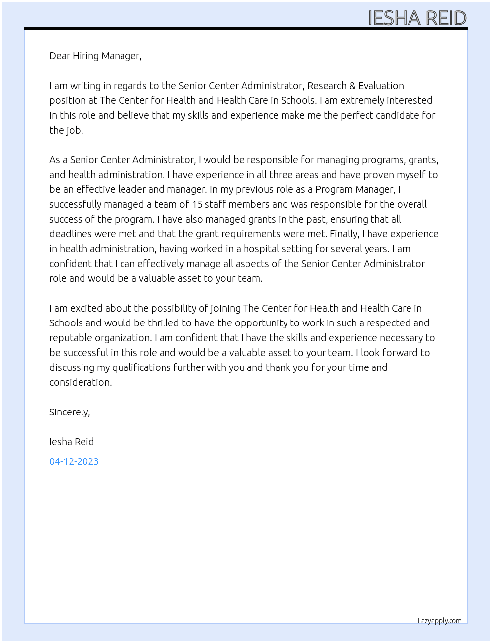 Senior Center Administrator, Research & Evaluation, Center for Health and Health Care in Schools At The Center for Health and Health Care in Schools Cover Letter