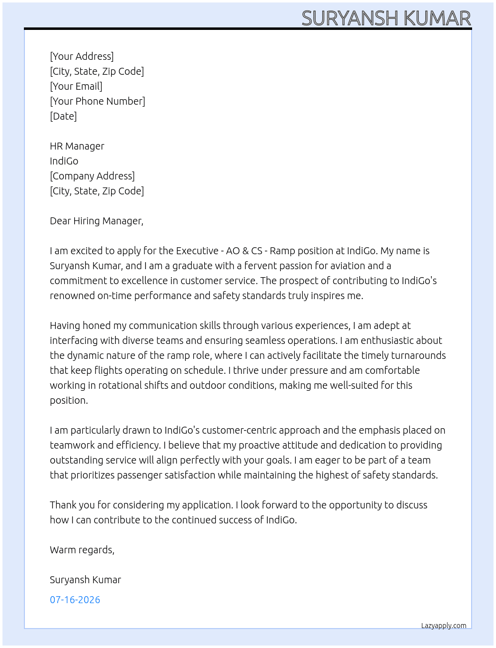 Executive AO & CS - Ramp At Indigo Cover Letter