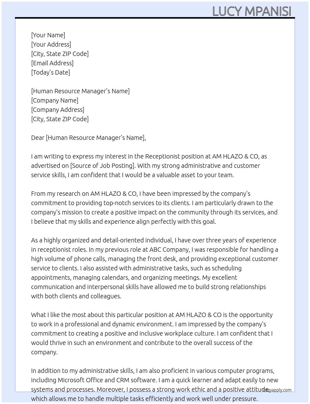 Receptionist At AM HLAZO & CO Cover Letter