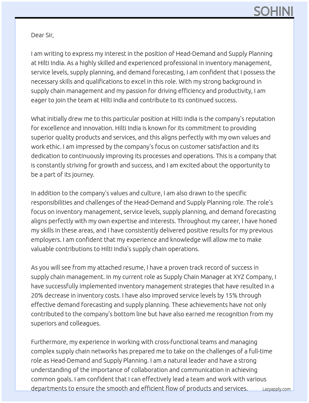 Head-Demand and Supply Planning At Hilti India Cover Letter